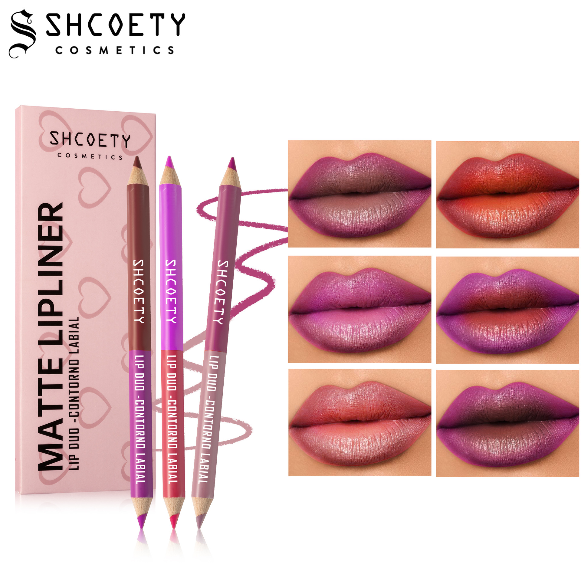 SHCOETY Cross-border 6 Pcs Wooden Pole Lip Liner Double Ended Two-Tone Matte Long-lasting Easy to Color Non-stick Cup Hook Pencil