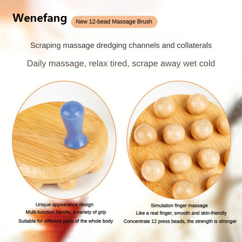 Wenefang Beads Handheld Gua Sha Massage Brush Natural Wood Waist Leg Body Meridian Scraping SPA Therapy Anti Cellulite Relaxation Tool