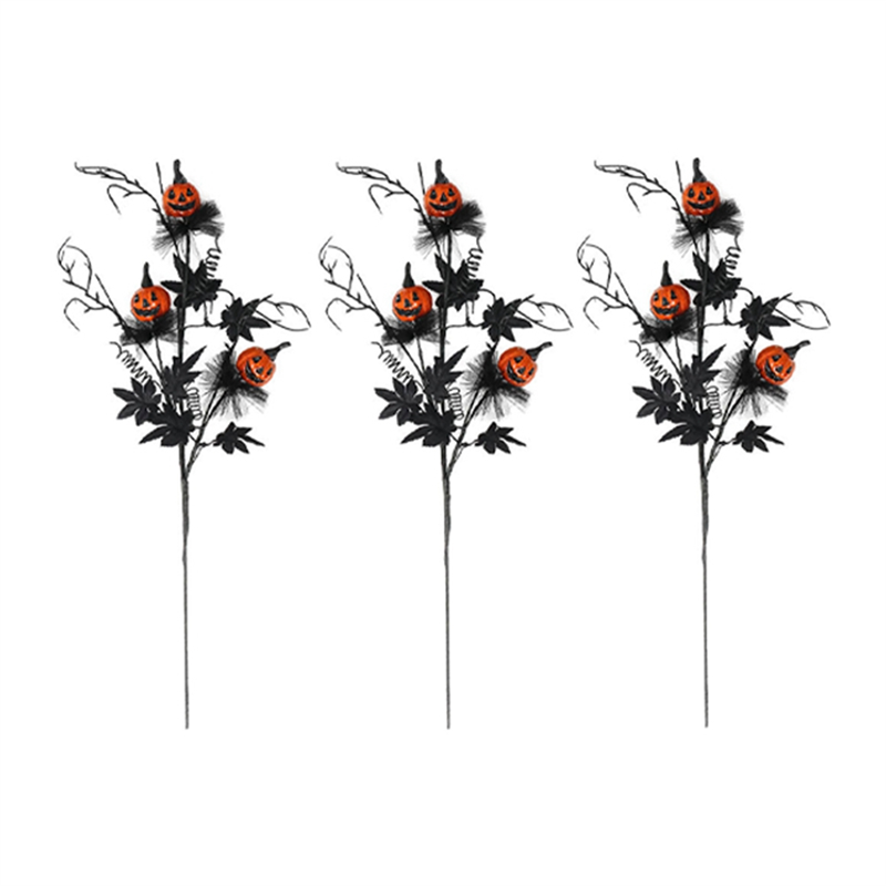 ARELENE Artificial Pumpkin Branches Halloween Black Maple Leaf Pumpkin Banquet Halloween Floral Decor Haunted Decoration 3PCS