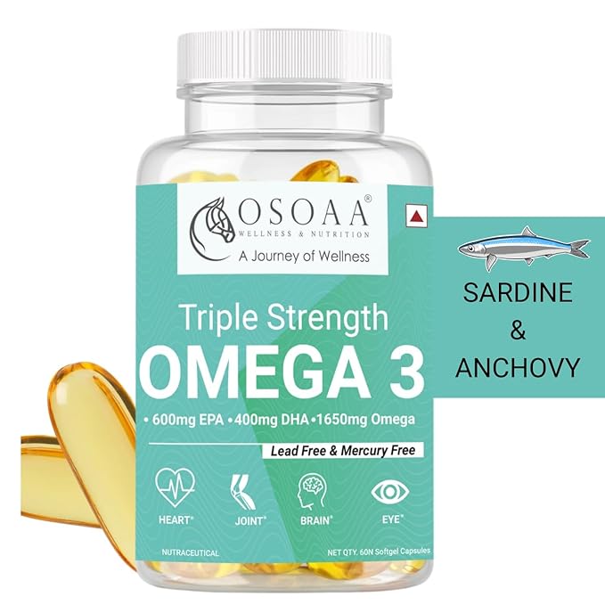 OSOAA 1650mg Triple Strength Omega 3 Fish Oil - 600mg EPA & 400mg DHA (60 Softgel) | No Fishy Burp Supplement - Heart, Brain & Immune Support for Men & Women