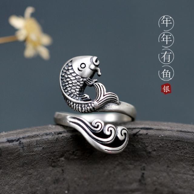 【Special offer】2024 New Arrival Niannian Fish Ring Opening Women's Gold and Silver Koi Vintage National Trendy Classical Simple Personalized Ring Jewelry