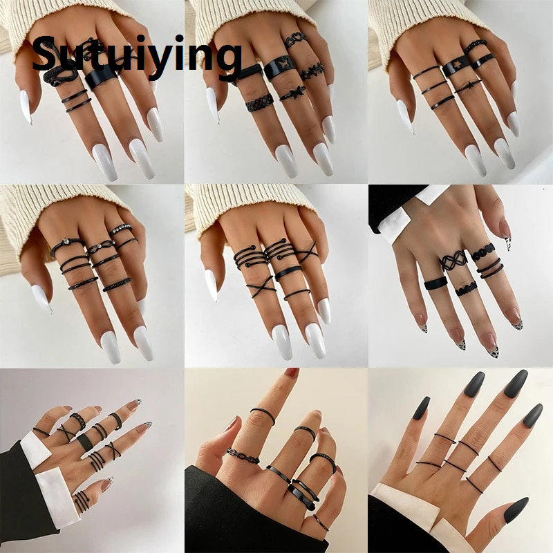 Sutuiying Vintage Gothic Black Rings Set for Women Girls Punk Metallic Geometric Simple Adjustable Finger Rings Set Trend Jewelry Gifts