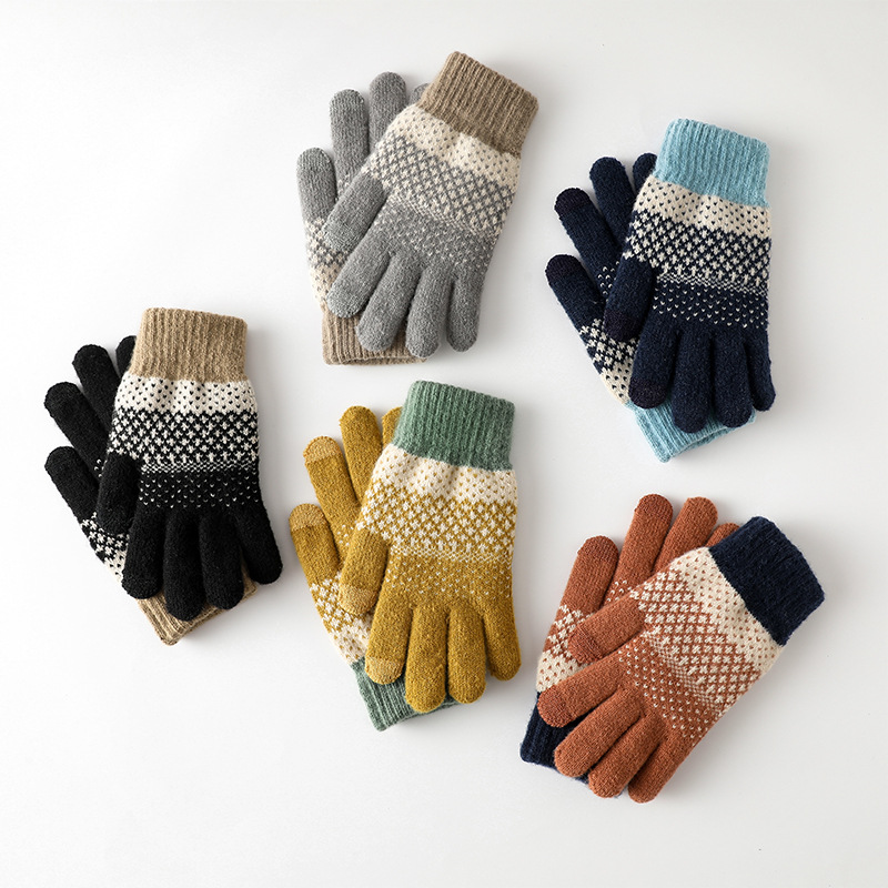 Fashion Outdoor Counting Finger Touch Screen Thickened Cycling Gloves Women's Knitted Gloves Warm Cold Jacquard Gloves