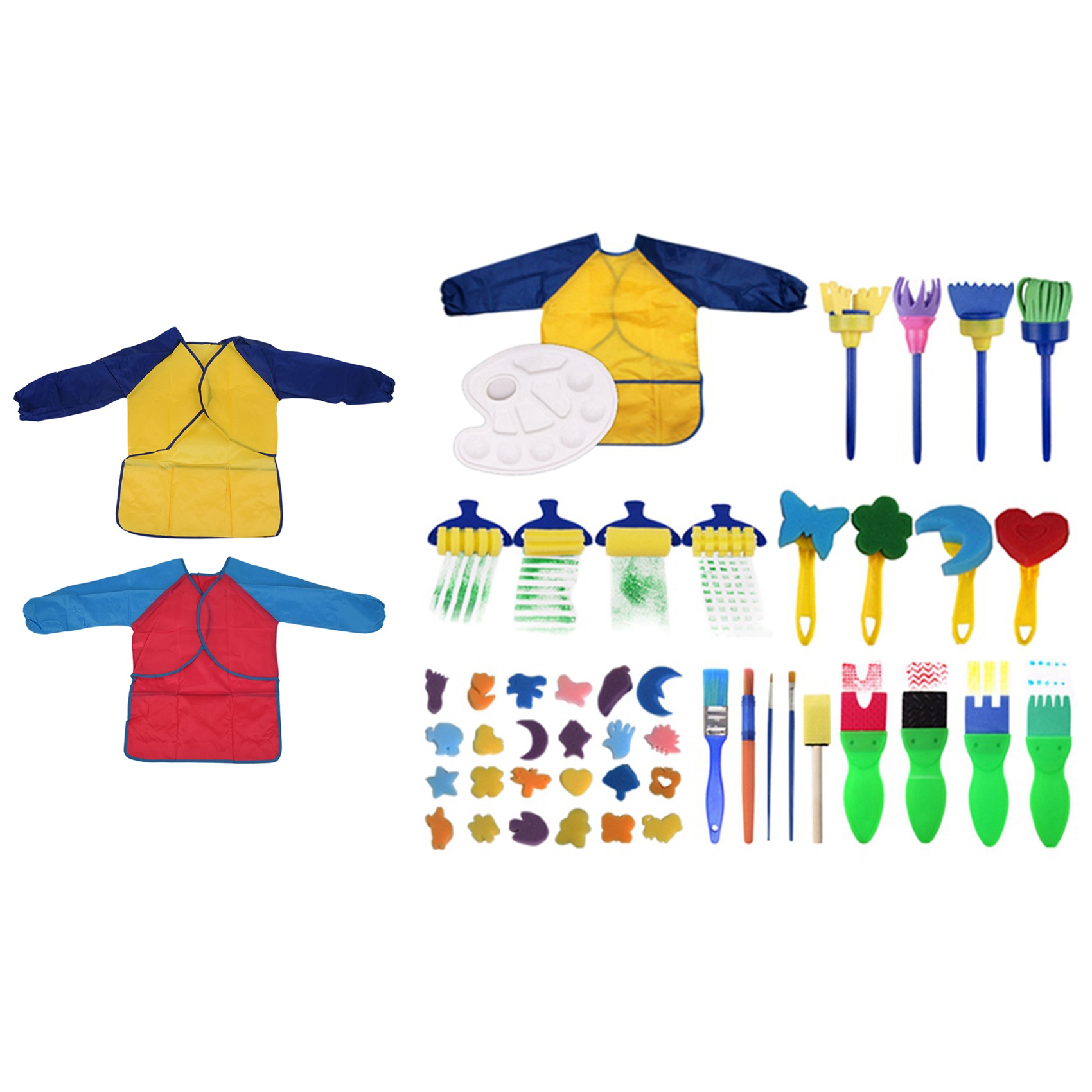NAMUNY Pack of 2 Kids Art Smocks, Children Waterproof Artist Painting Aprons & 47 Pcs Children Sponge Painting Brushes Set