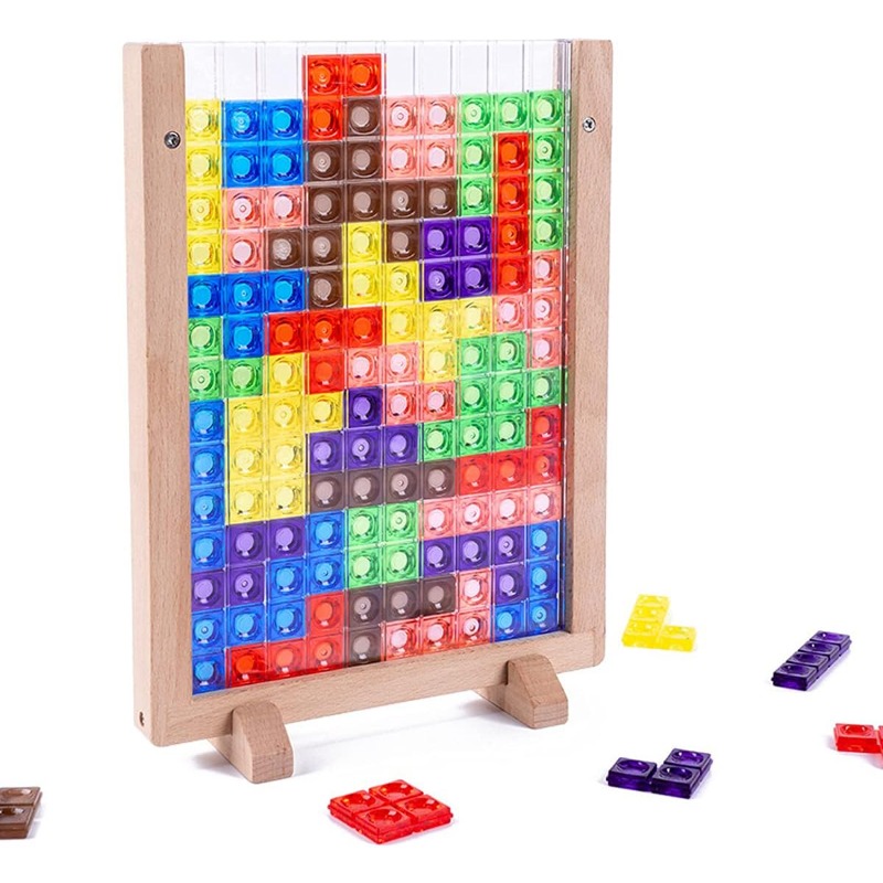 Wooden Blocks Puzzle Brain Teasers Toy, Intelligent Colorful 3D Plastic Blocks Game with Vertical Wood Frame Game Board, Tangram Educational Montessori Toys Gift for Kids Age 4-8 Years Old