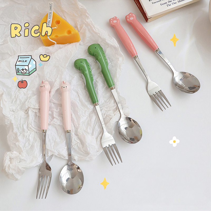 Cutlery stainless steel portable school kids set cutlery fork cartoon bear dragon spoon chopsticks cute kitchen utensils