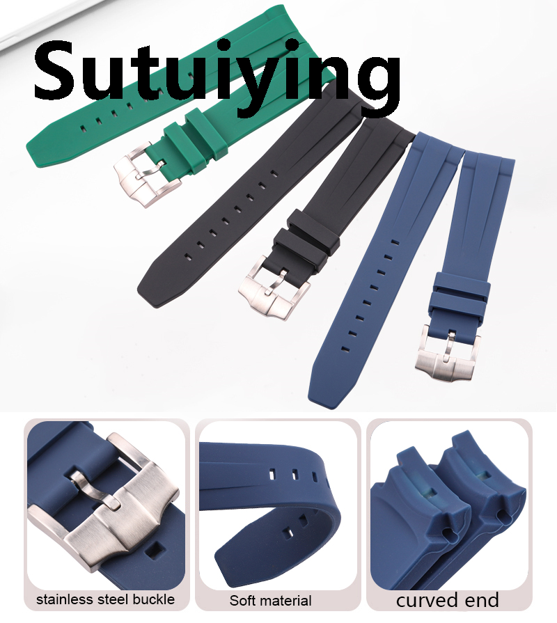 Sutuiying Rubber Watch Strap 20mm Curved End Soft Silicone Watchband Portable Black Green Blue Diving Bracelet Wrist Band