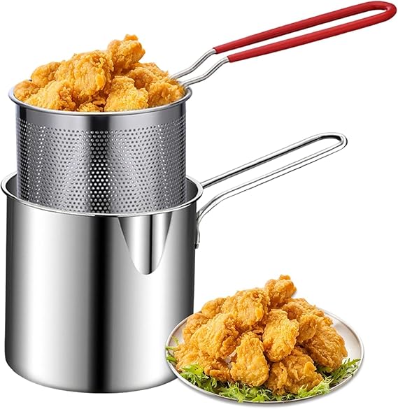 1200ml Deep Frying Pot with Strainer Basket - Stainless Steel Frying Pan with Handle | Perfect for Frying French Fries, Chicken Wings, Shrimp, Fish, Boiling Butter, and Pasta