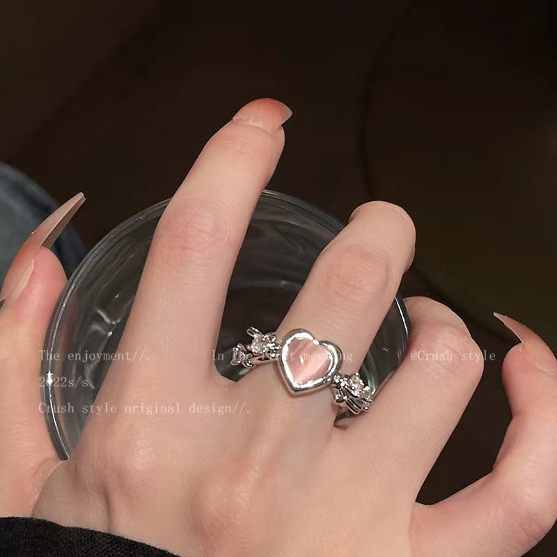 【New arrivals】Pink Cat's Eye Stone Women's Niche Design Sense Opening Adjustable Ring Fashionable Personalized Finger Ring
