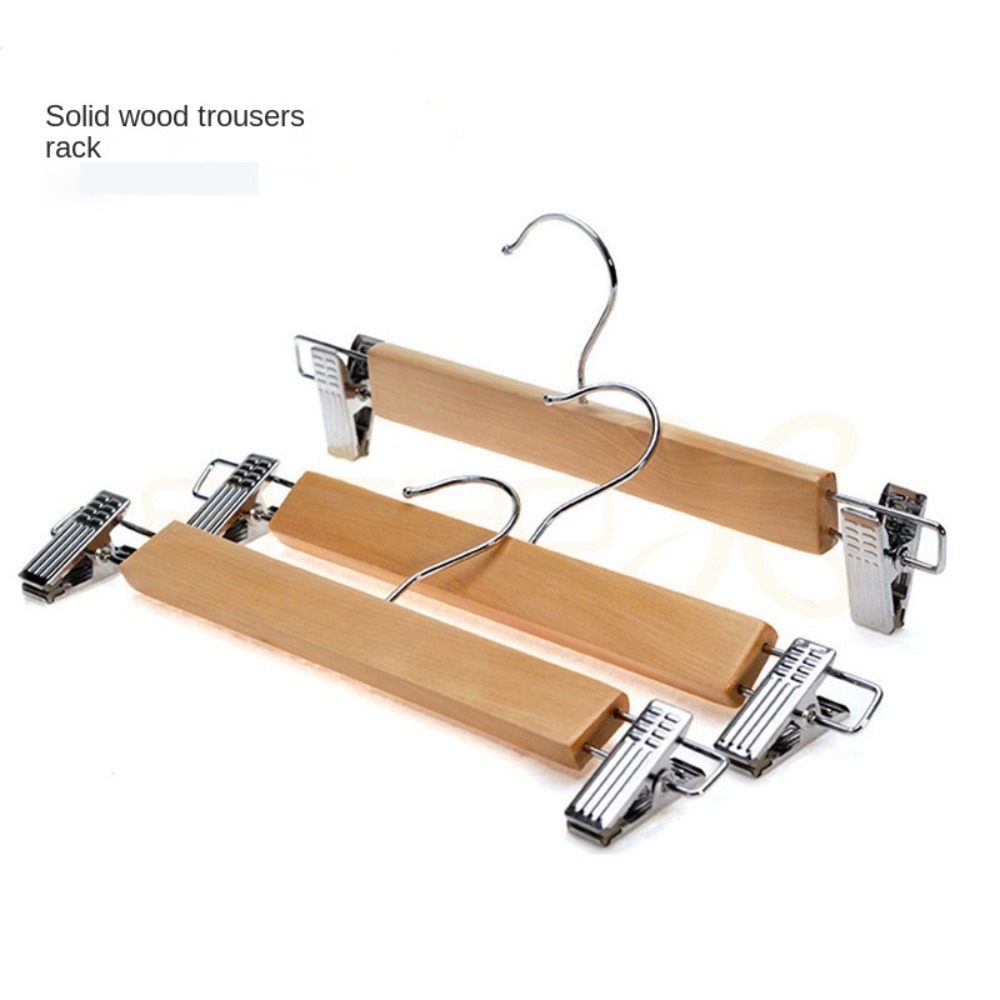 Portable Wood Solid Wooden Hanger Stainless Steel No Trace Pants Clips Trouser Hanger with Clip