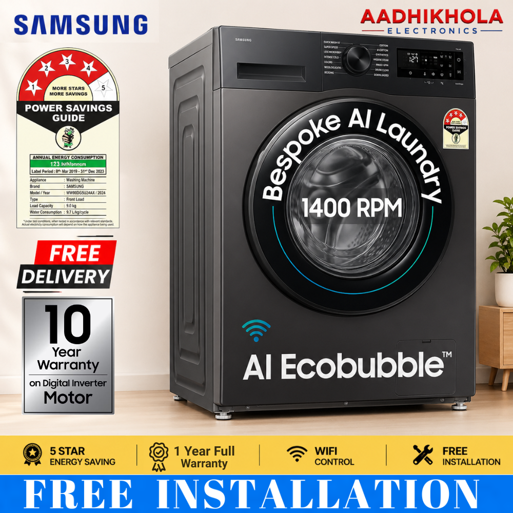 Samsung 9KG Front Load Washing Machine WW90DG5U24AX | AI Ecobubble™ | 1400RPM | SmartThings App Control | Hygiene Steam | Digital Inverter Motor | Energy Saving | Inox