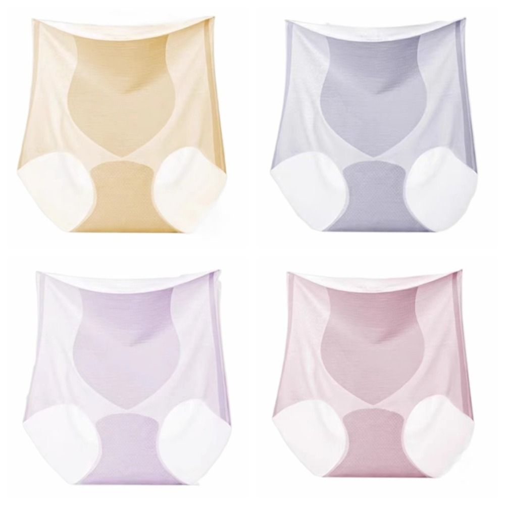 Soft Ultra Thin High Waist Panties Traceless Plus Size Ice Silk Hip Lift Briefs Solid Color Flat Belly See Through Seamless Lingerie Summer