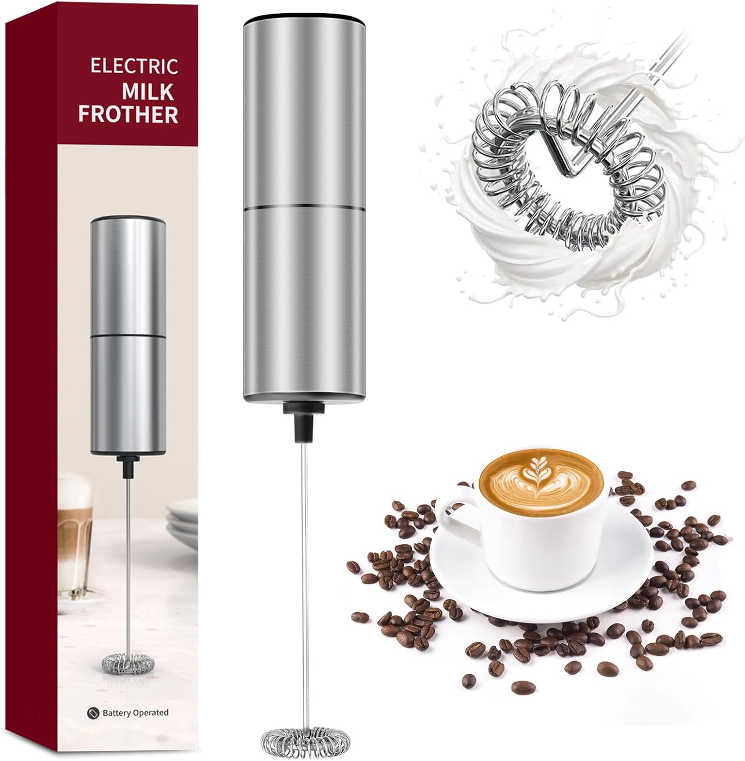 Milk Frother Handheld Whisk - Electric Stainless Steel Drink Mixer for Lattes, Cappuccinos & Hot Chocolate - Battery-Powered, Portable & Easy to Clean