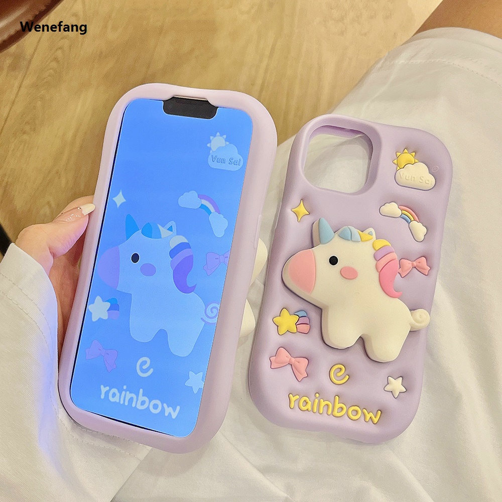 Wenefang For iPhone 16 15 14 13 12 11 Pro Max Japan Ins 3D Cartoon Rainbow Unicorn Horse Bracket Soft Silicon Case Stand Holder Cover