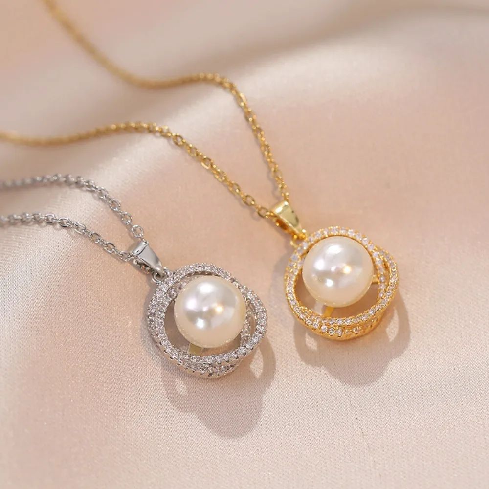 Exquisite Hollow Zircon Flower Pearl Pendant Necklace for Women Korea Gold Color Stainless Steel Choker Party Jewelry Accessory