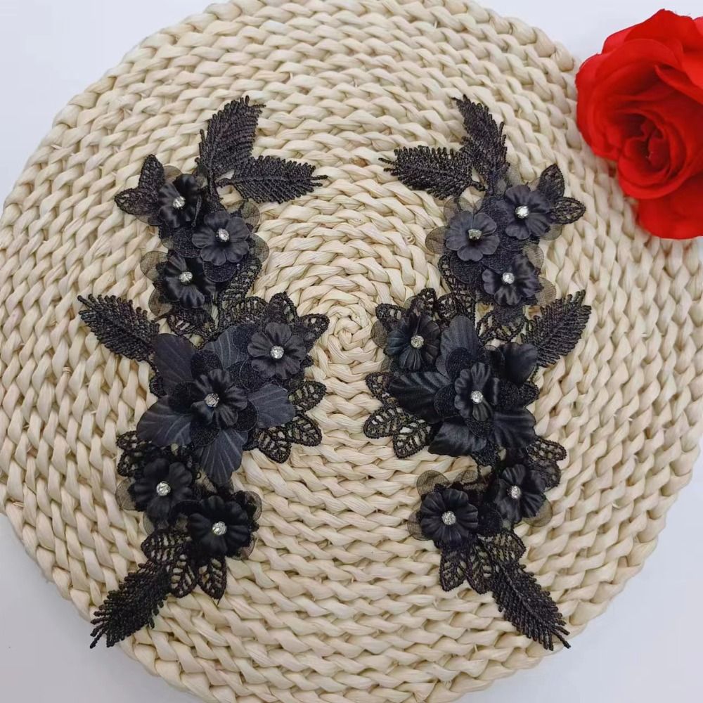 1 pair Luxury Black Flower Lace Embroidery Patch Crochet Knitting Handmade Wedding Dress Accessories DIY DIY Clothing Patch Evening Gown