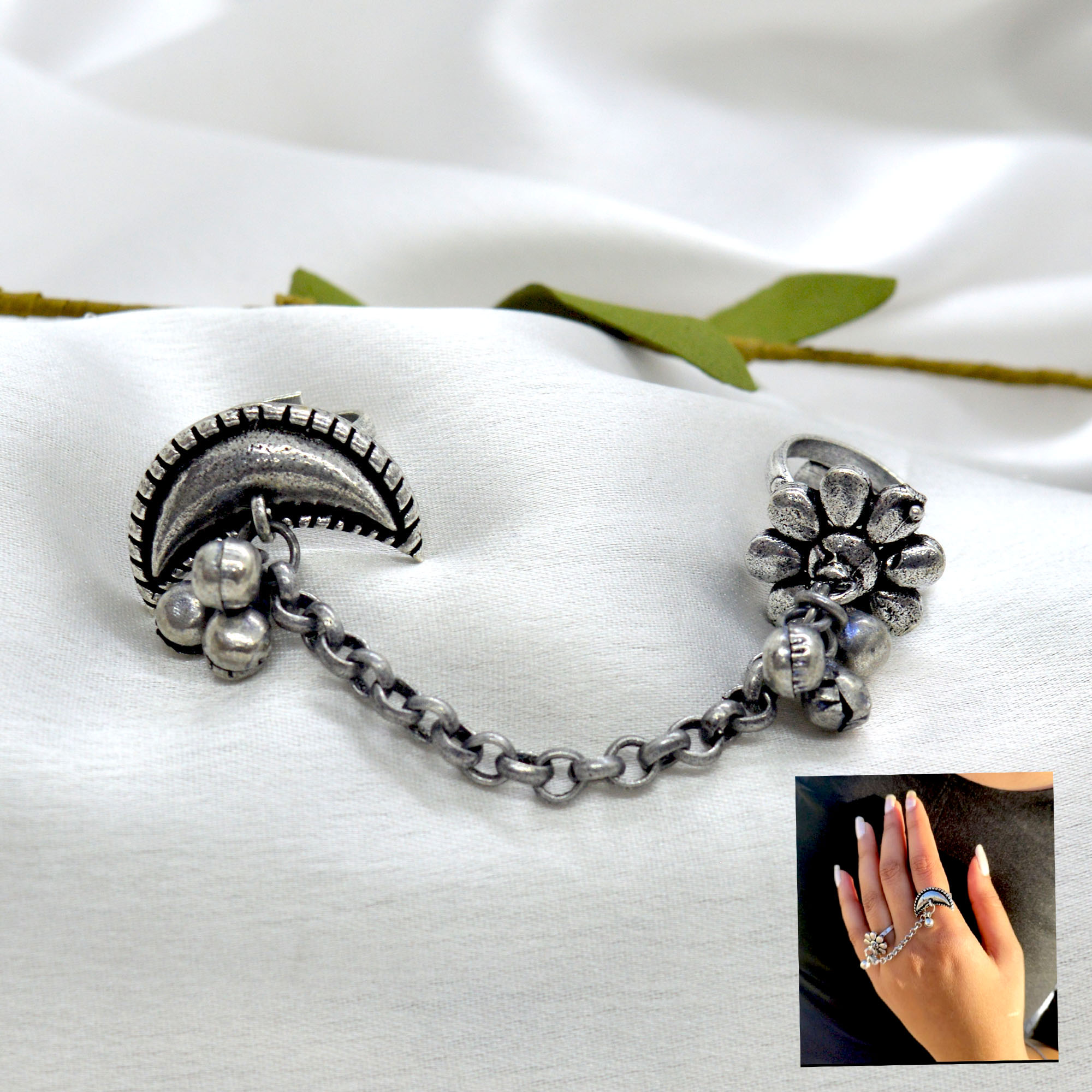Jewels of Nepal Crescent Moon & Flower Designed Double Finger Ring For Women
