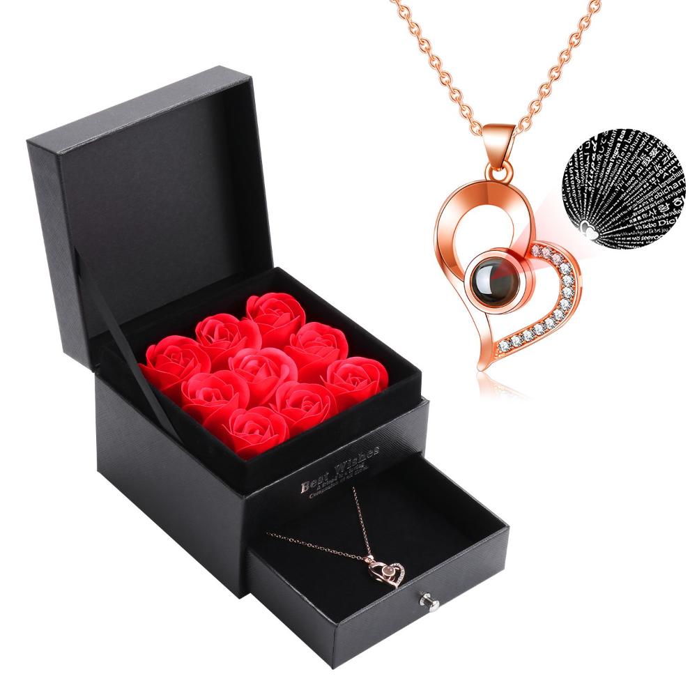 Romantic 100 Languages Christmas Handmade Eternal Preserved Rose Flower Gift Box with Projection