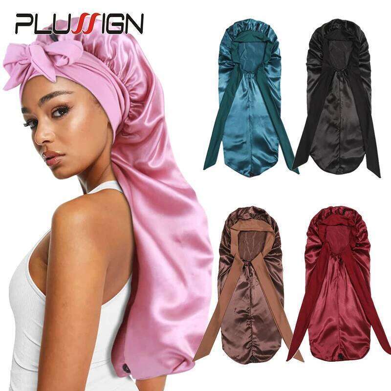 1Pcs Soft Silky Long Satin Bonnet Natural And Curly Extra Large Size Hair Cap With Tie For Comfortable Night Sleep