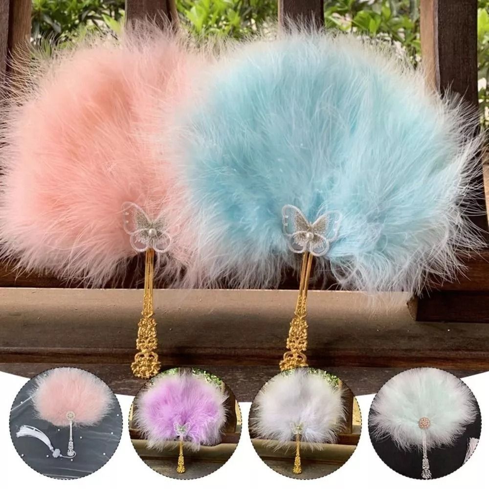Vintage with Tassels Fairy Feather Fan Fluffy Colorful Craft Fan Photo Prop Foldable Dance Hand Fan