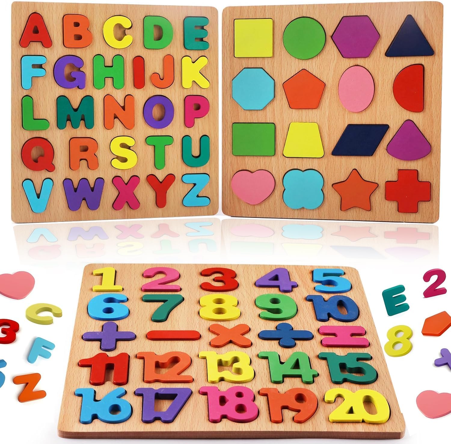 Wooden Educational Learning Board for Kids - ABCD, Numbers, and Shapes Puzzle Set for Toddlers & Preschoolers