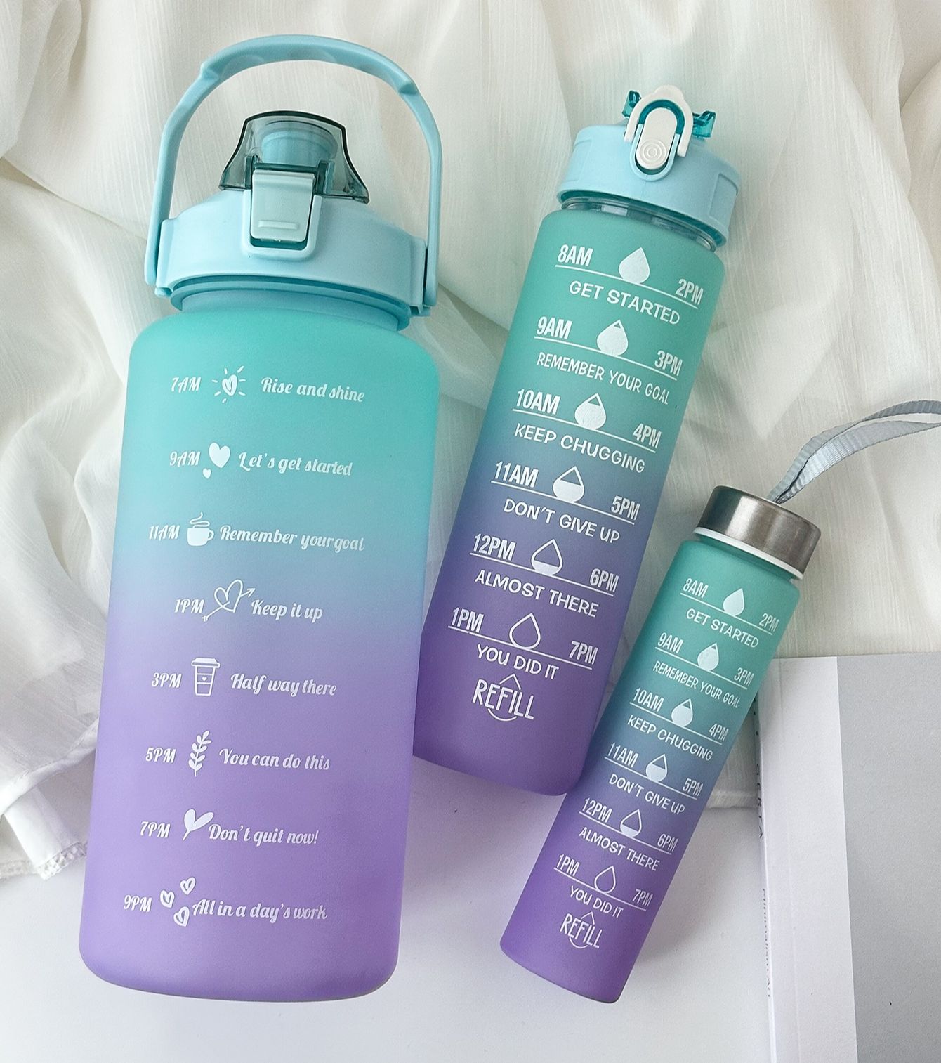 Double Cup Set | Large Capacity Gradient Matte Plastic Cups with Straw | 2L, 750ml, 300ml Sizes | Perfect for Outdoor Sports, Travel, and Daily Use | 3 Water Bottle