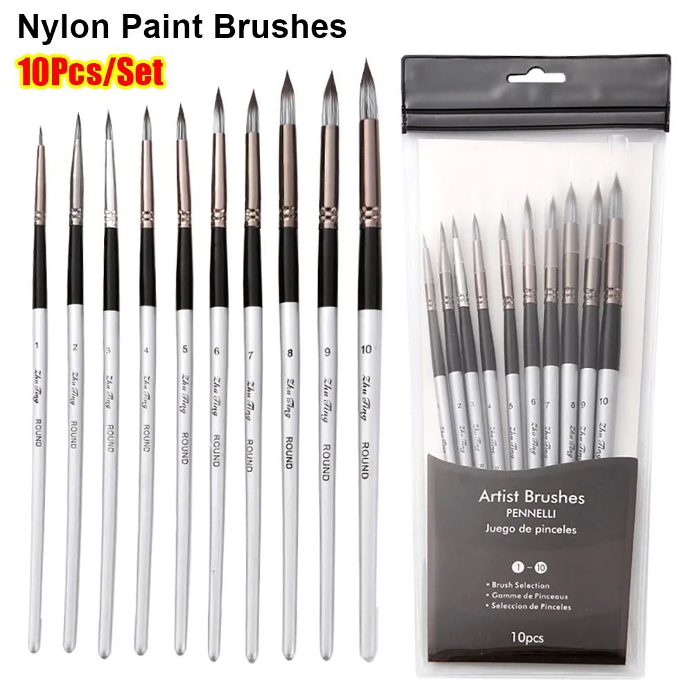 10Pcs/Set Durable Nylon Paint Brushes Watercolor Miniature Art Professional Artist Paintbrushes Wooden Handle Drawing Kit for Acrylic Oil Painting