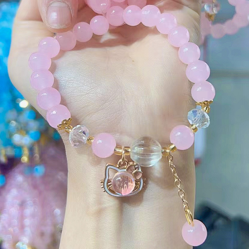 【New Arrivals】Imitation Strawberry Crystal Pink Crystal Crystal Bracelet Sweet Cute Original Girlfriend Student Colorful Kt Cat Glazed Bracelet Female