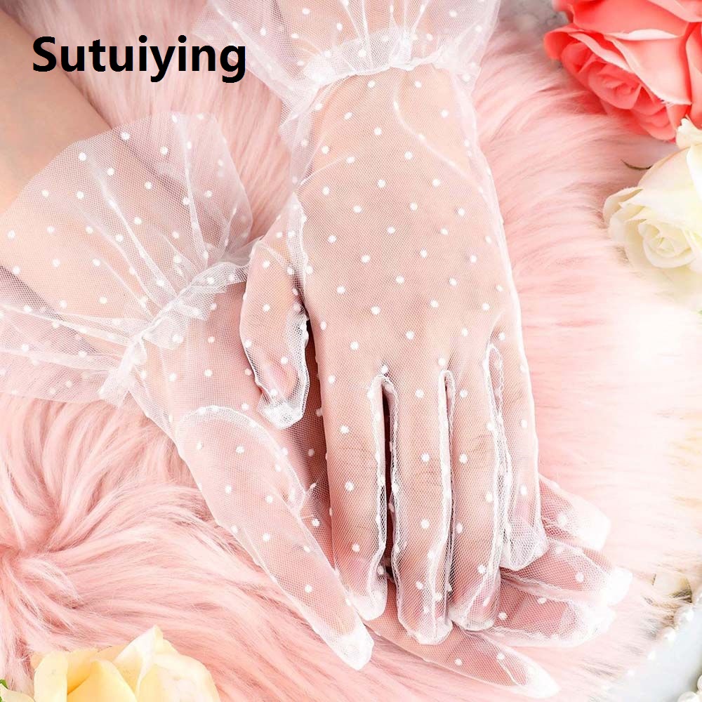 Sutuiying Short Mesh Full Finger Stretchy Driving Sheers Polka Dot Gloves Women Lace Gloves Lace Gloves