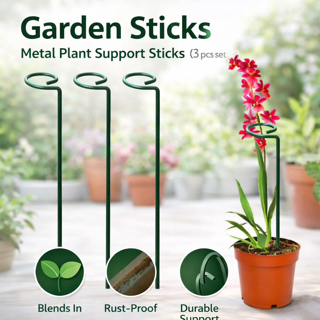 Urban Plant Garden Stakes (18 q- Inch) Long Metal Plant Support Sticks, Weatherproof Gardening Poles for Indoor & Outdoor Plants (Pack of 3)