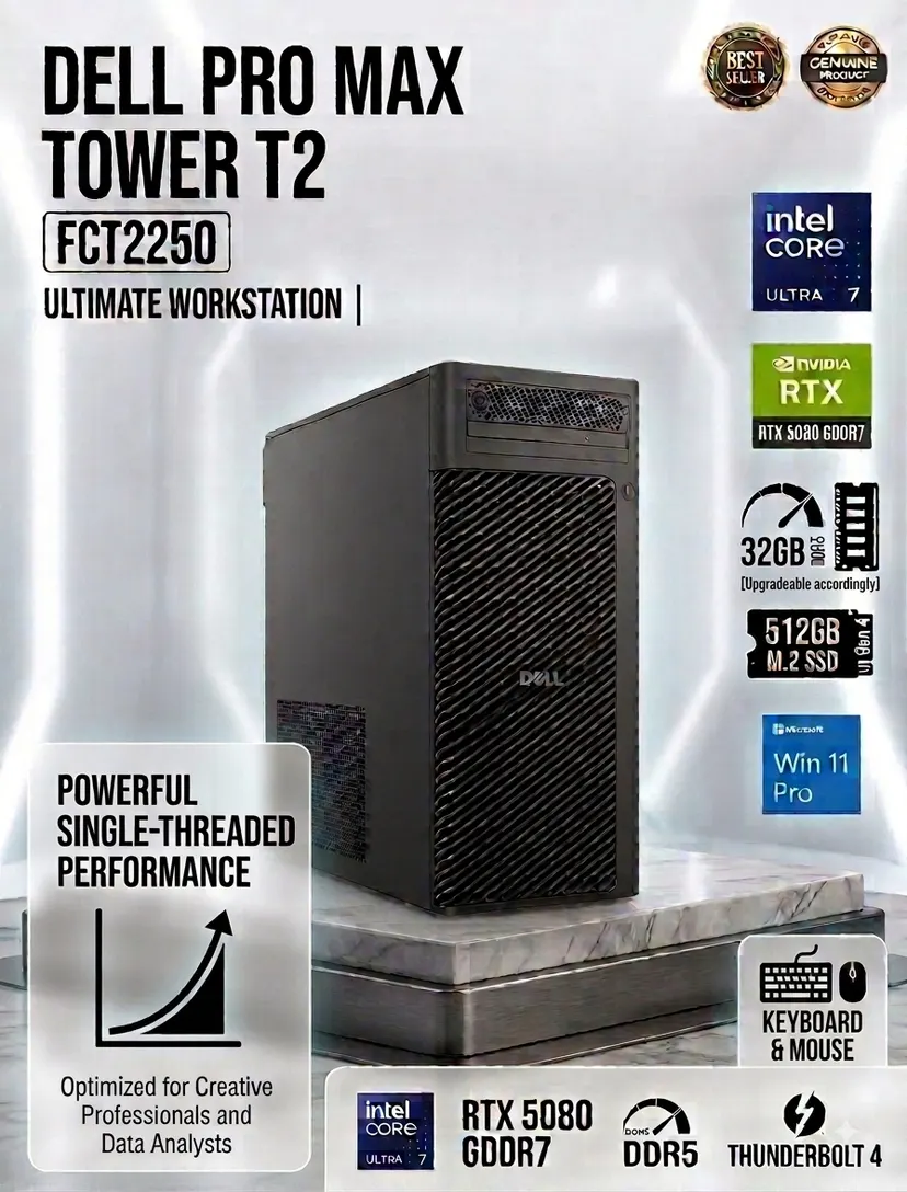 Dell Pro Max Tower T2 FCT2250 Desktop Workstation | Intel Core Ultra 7 265 | 32GB RAM | 512GB SSD | RTX 5080 16GB GDDR7 Graphics | Win 11 Pro - Heavy AI, 3D Rendering & Gaming Desktop