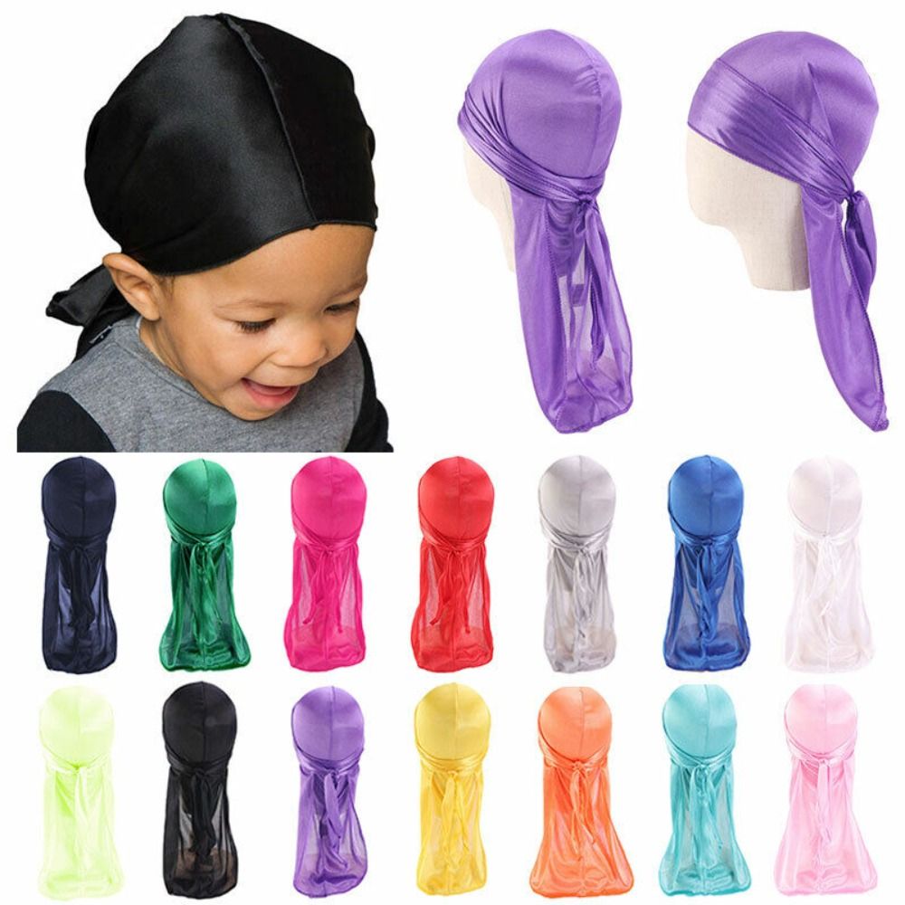 2Pcs Cap Imitation Silk Pirate Hat Pirate Durag Elastic Headwrap Hip Hop Long Tail Baby Turban Hijab Boy
