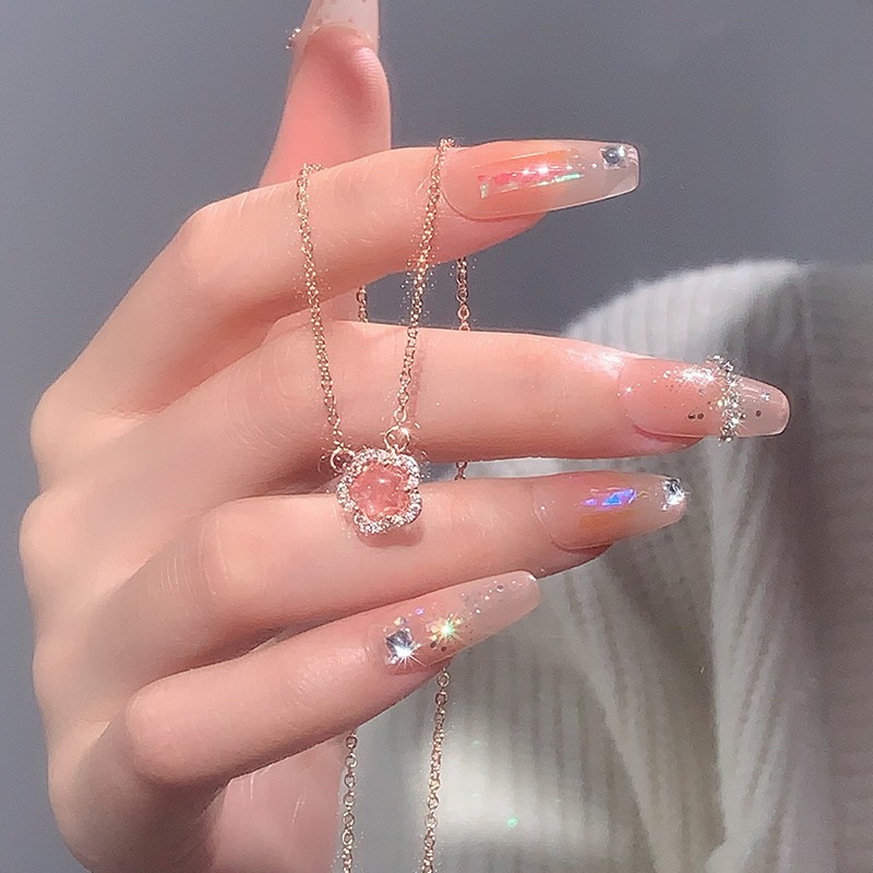 【Mega Sale】New Style Light Style Pink Crystal Flash Diamond Necklace Neck Chain Women Sweet Cute Peach Blossom Pendant Collarbone Chain