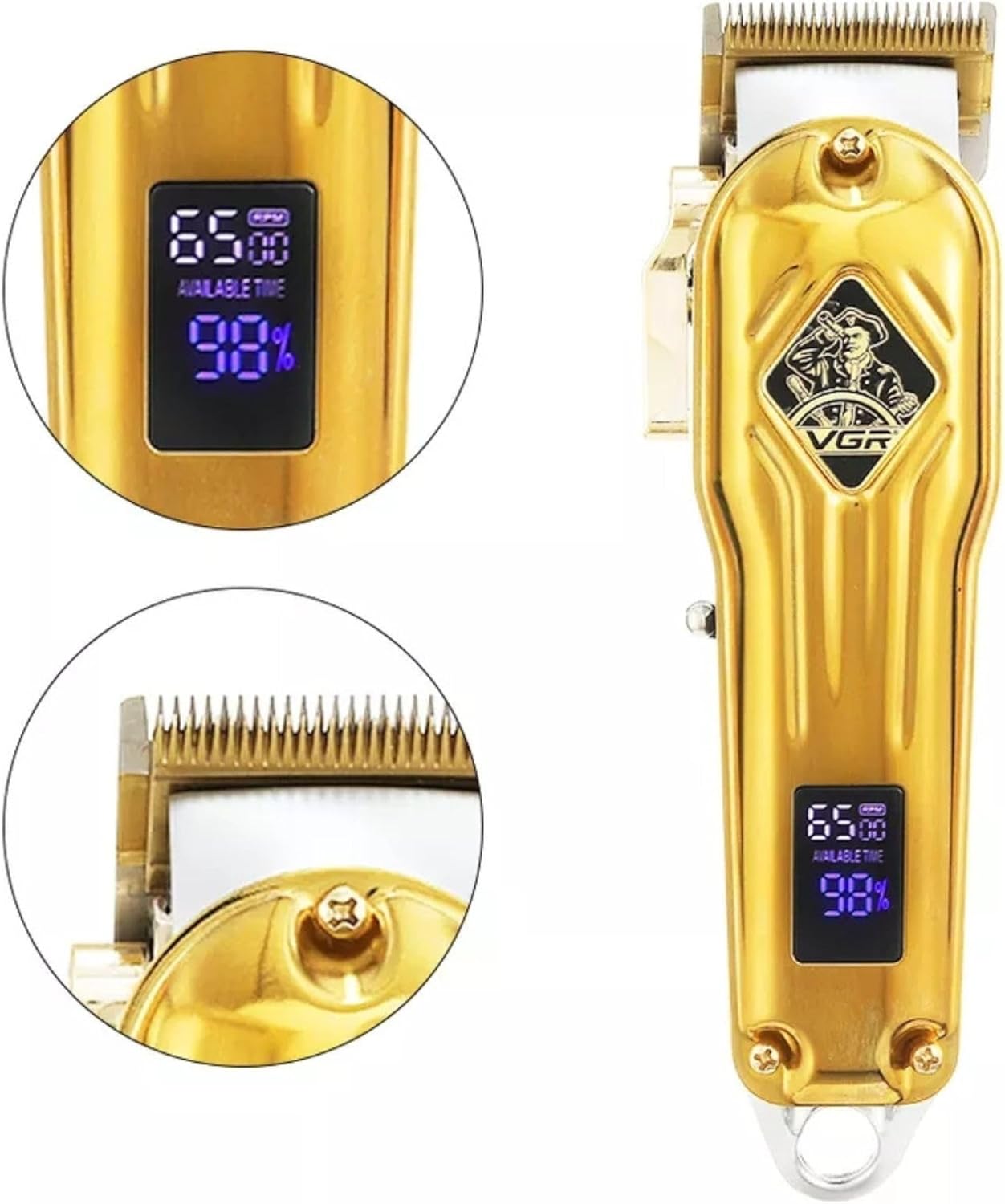 Clipper Vgr V-267 Rechargeable Professional Hair Cutting Machine, Digital LED Display, Large Capacity Battery, RPM 6000±500 for Barber Shop or Personal Use Equipment (V-267, Gold)