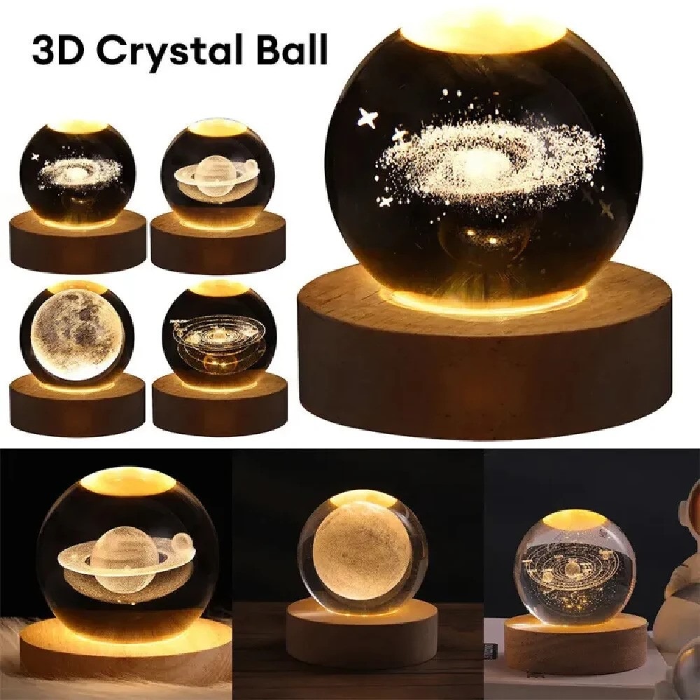 3D Crystal Ball Night Stand Lamp Moon, Galaxy, Lord Krishna & More