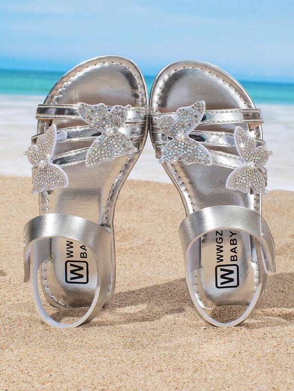 Girls Sandals With Butterfly Decor, Round Flat Open Toe Princess Roman Shoes, Suitable For Outdoor Walking, Beach Travel, Summer