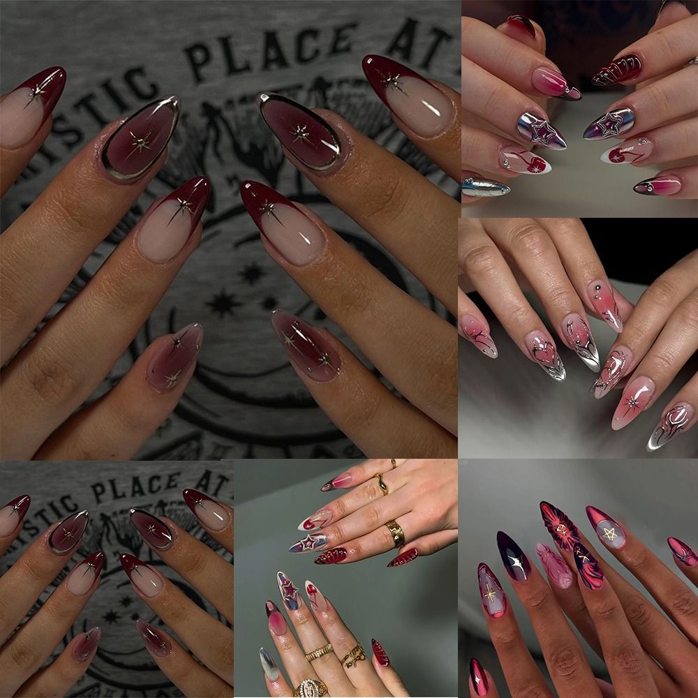 24pcs Manicure DIY Fake Nials Simple Star French Long Almond False Nails