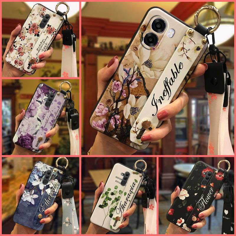Flower Silicone Phone Case For OPPO A6 4G Global Fashion Design Ring Kickstand Lanyard Wrist Strap Anti-dust Shockproof