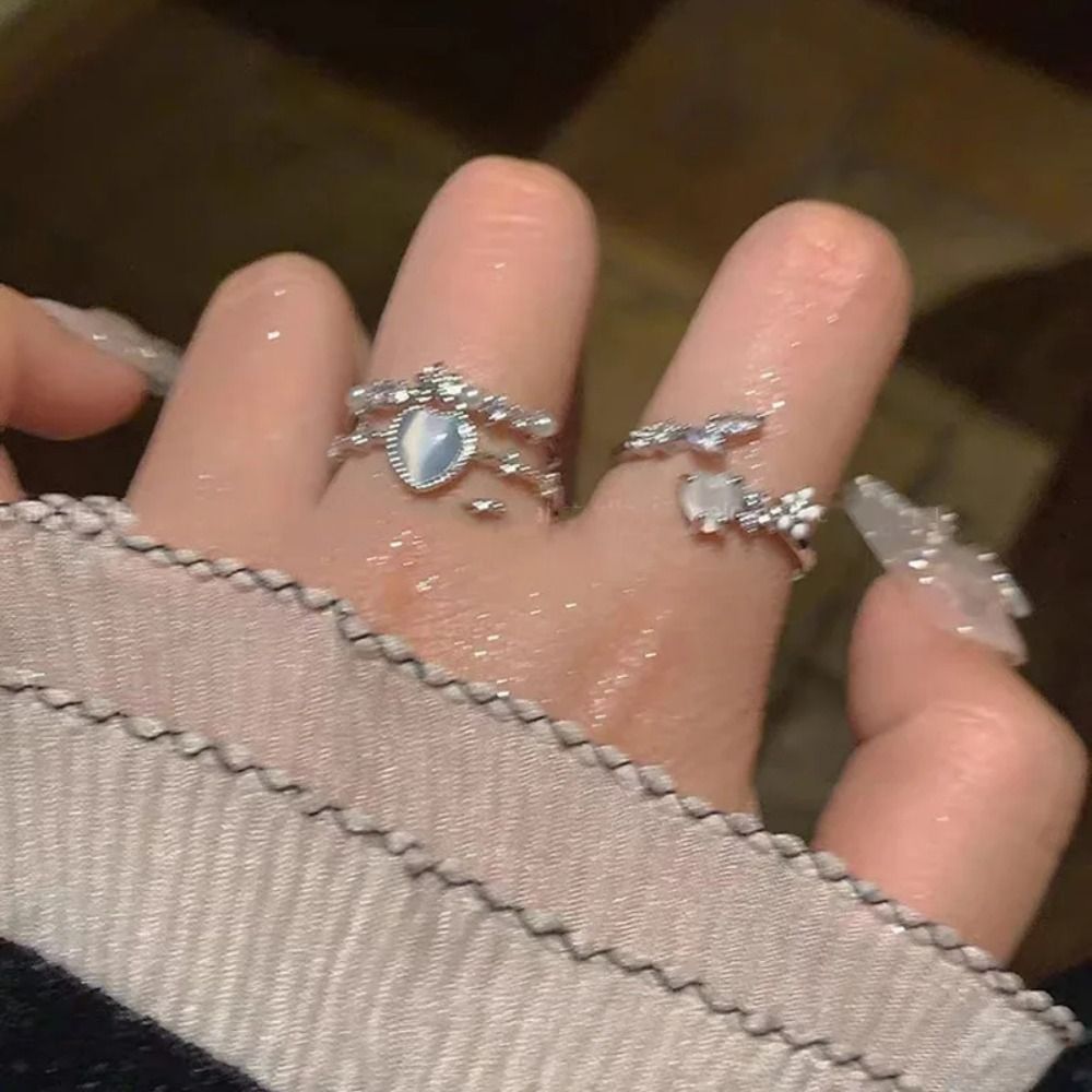 Aesthetic Love Blue Opal Heart Rings Opening Alloy Open Flower Finger Rings Rhinestone Finger Rings Woman