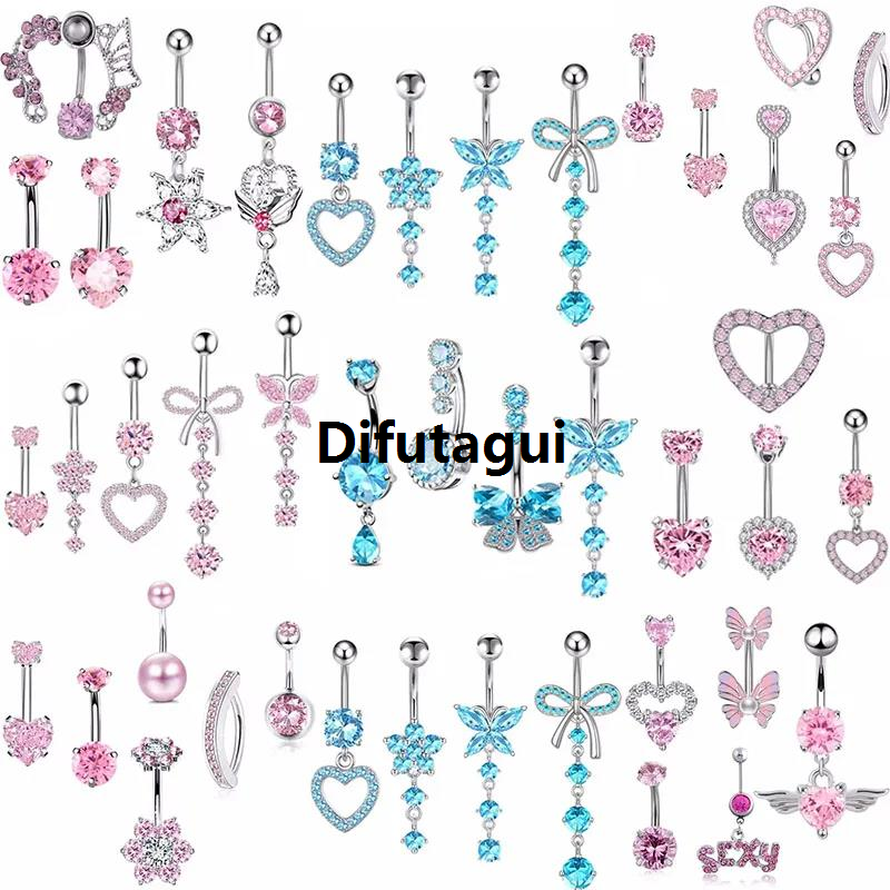 Difutagui Blue Flower Belly Button Rings Set Women Pink Crystal Belly Piercing Bargain price Bulk Heart Navel Barbell Jewelry Pack Piercing Ombligo Lote