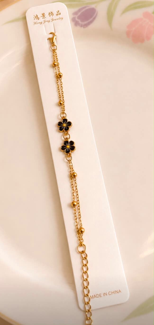 Trendy Black Enamel Butterfly & Flower Bracelet | Gold Tone Double Layer Chain Wristwear for Women | Vintage Style Jewelry Gift