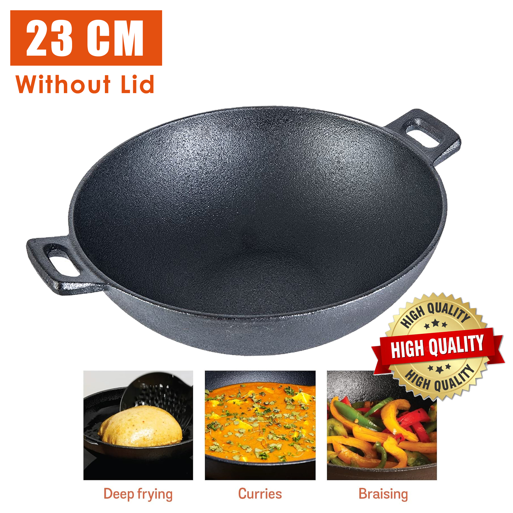 23Cm Pre-Seasoned Cast Iron Kadai Without Lid | Heavy Bottom Frying Kadhai | Gas & Induction Friendly | Non-Toxic, Stick-Free Cookware