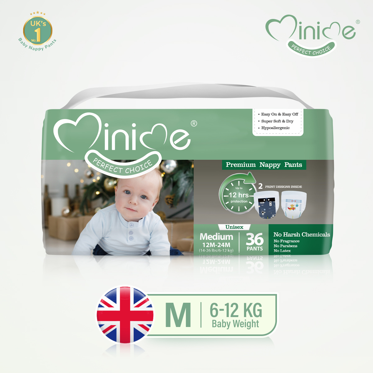 Minime Nappy pants- Medium- 36 pants, 6-12 kg baby weight, Premium Baby Diaper, Hypoallergenic, Fragrance Free. - image 1
