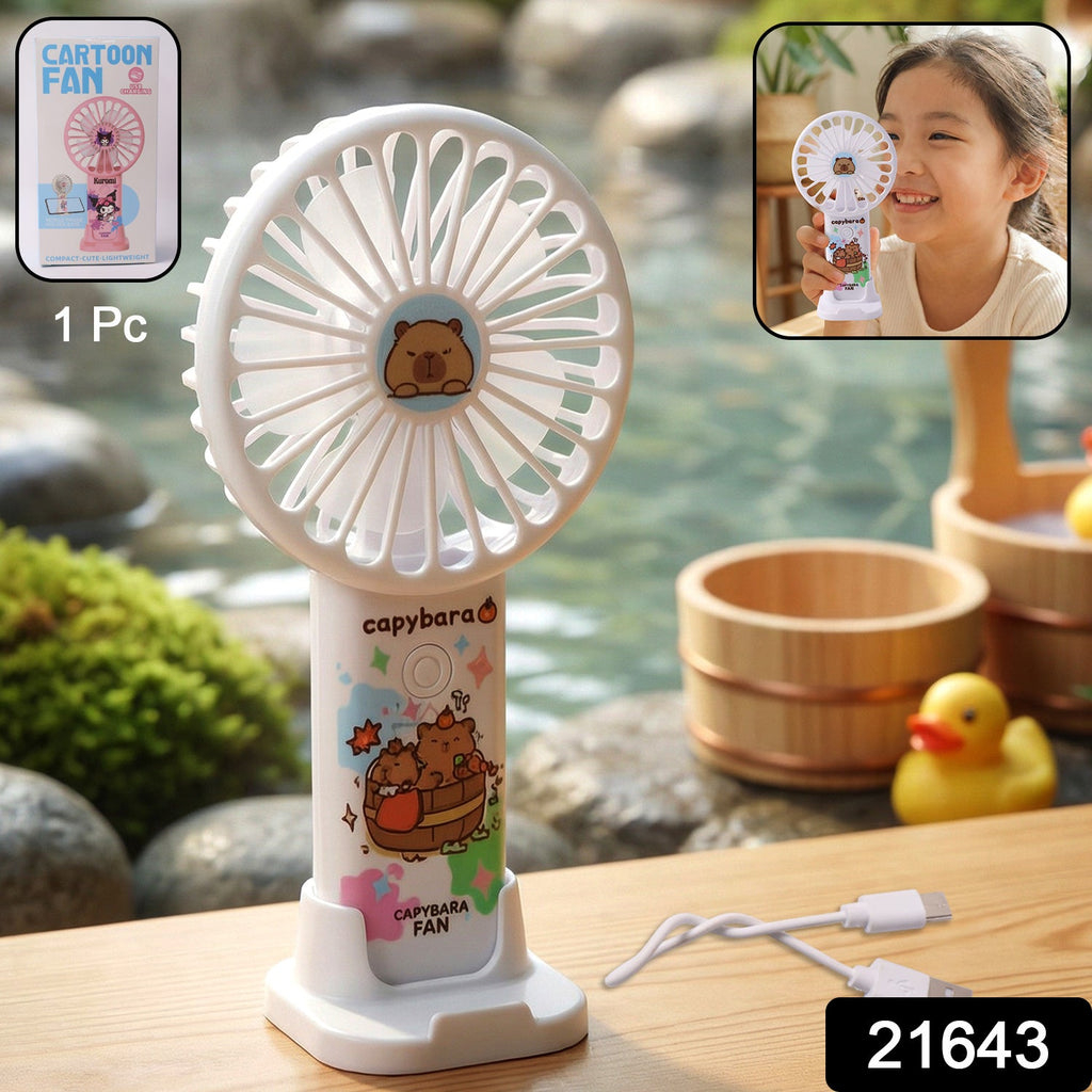 USB rechargeable mini hand fan featuring a cute capybara cartoon design.