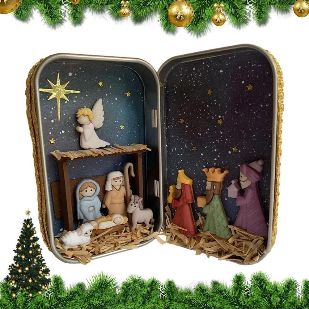 Portable Exquisite Christmas Nativity Box Colorful Easy Carrying Christmas Crib Ornament Cartoon Desktop Figurine Ornament Living Room