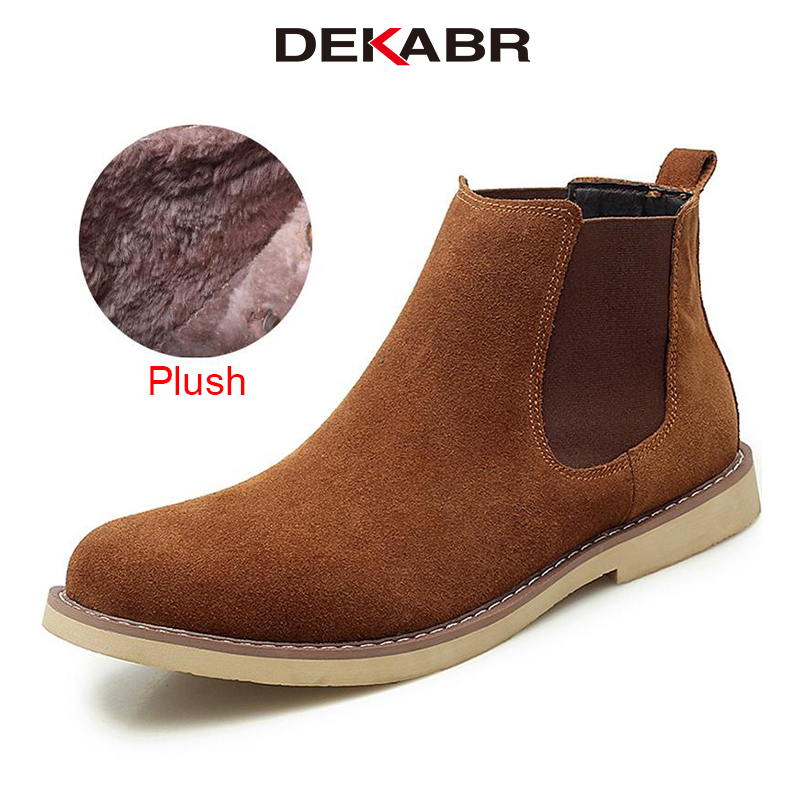 DEKABR New Men Boots Real Hide Fashion Winter Warm Snow Boots Motorcycle Ankle Boots Vintage Style Slip On Casual Shoes 37-46