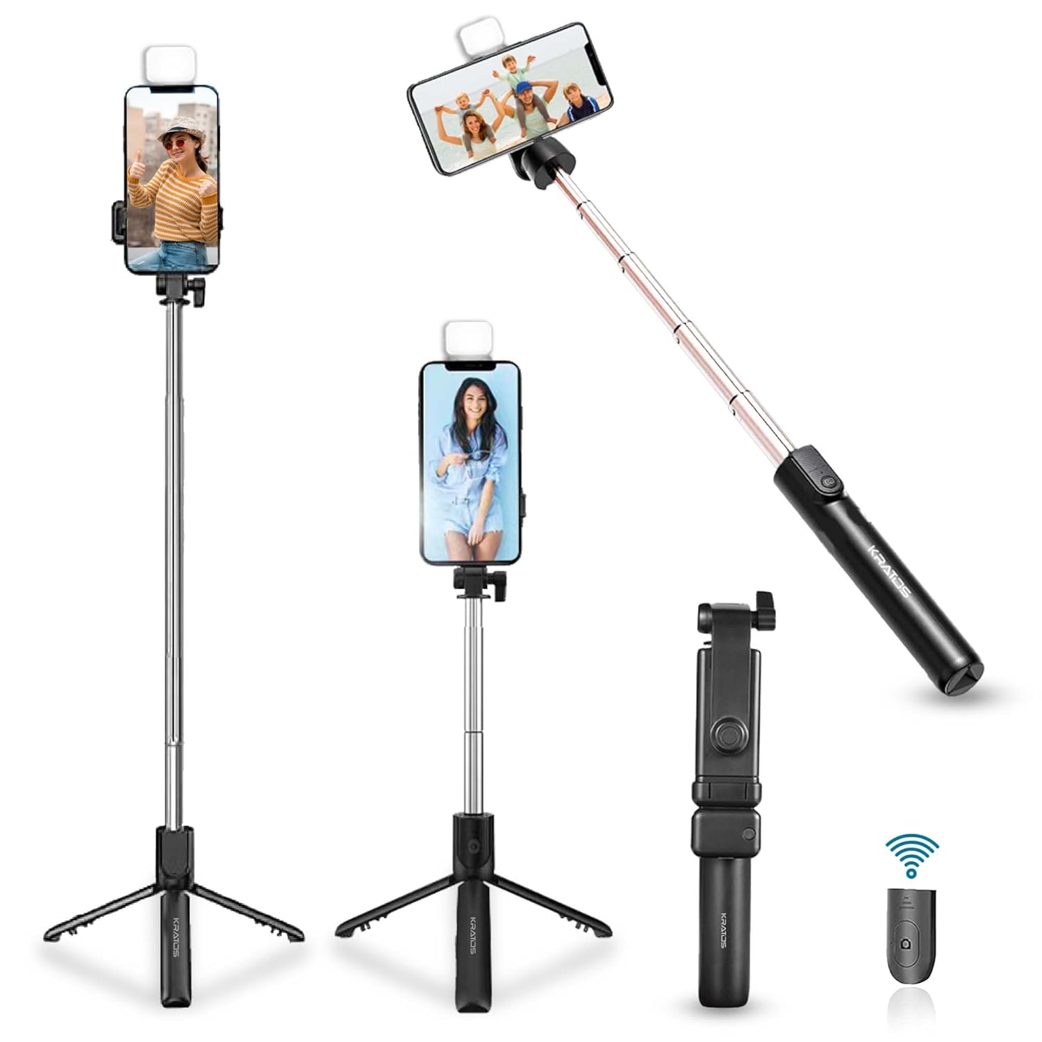 R1s Selfie Stick with Tripod Stand, 3 in 1 Multifunctional design, Rechargable LED Light with Two Brighness Levels for Make up, Selfie, Vlogging & Photo Shoot, Selfie stick with Bluetooth Remote