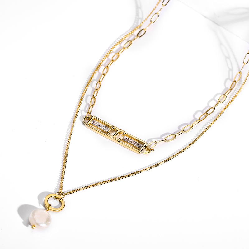 【Top Picks】Freshwater Pearl Geometric Fashion Pendant Necklace Women 2024 New Fashionable Atmospheric Double Layer Short Clavicle Chain