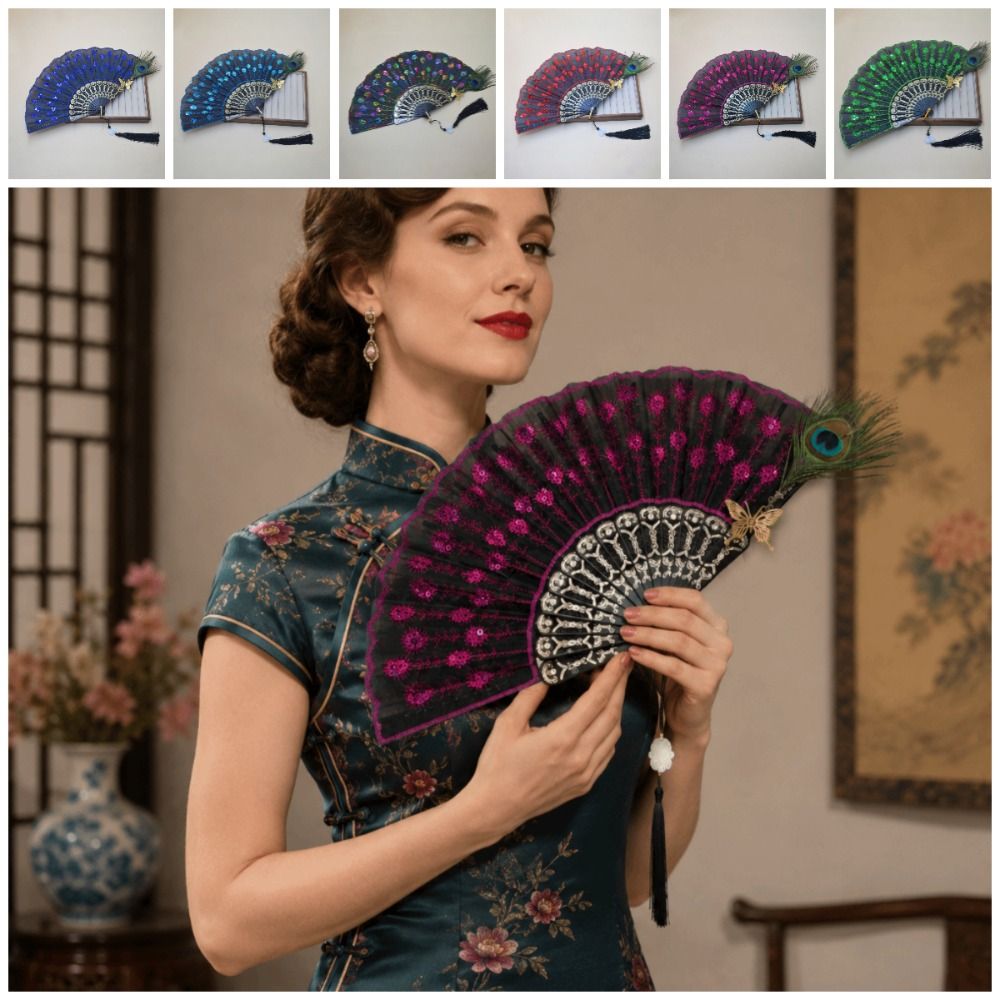 Photography Props Chinese Style Peacock Feather Folding Fan Portable Retro Dance Hand Fans Exquisite Classical Elegant Handheld Fans Wedding Party Decor