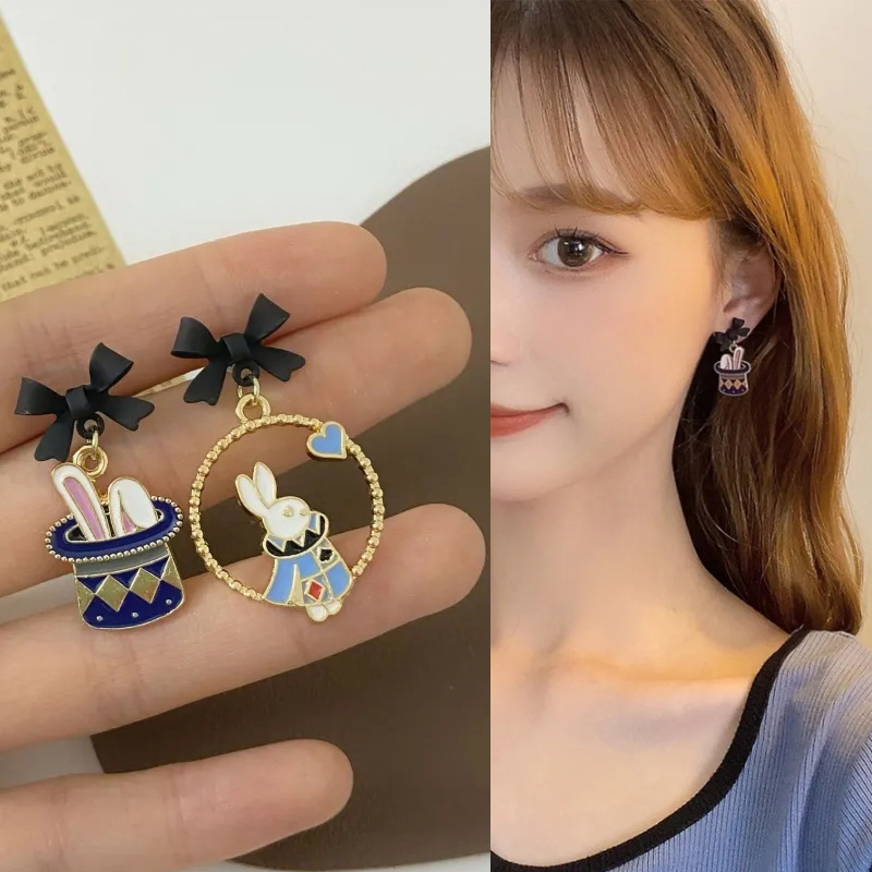 arrivals】Autumn and Winter New Alice in Wonderland Bunny Bow Asymmetric Earrings Women's Ear Earrings
